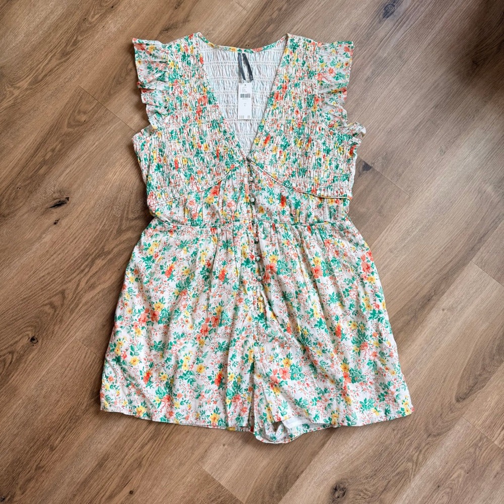 NWT Anthropologie Floral Smocked Romper Ivory Green Orange Ruffle Sleeve Size L